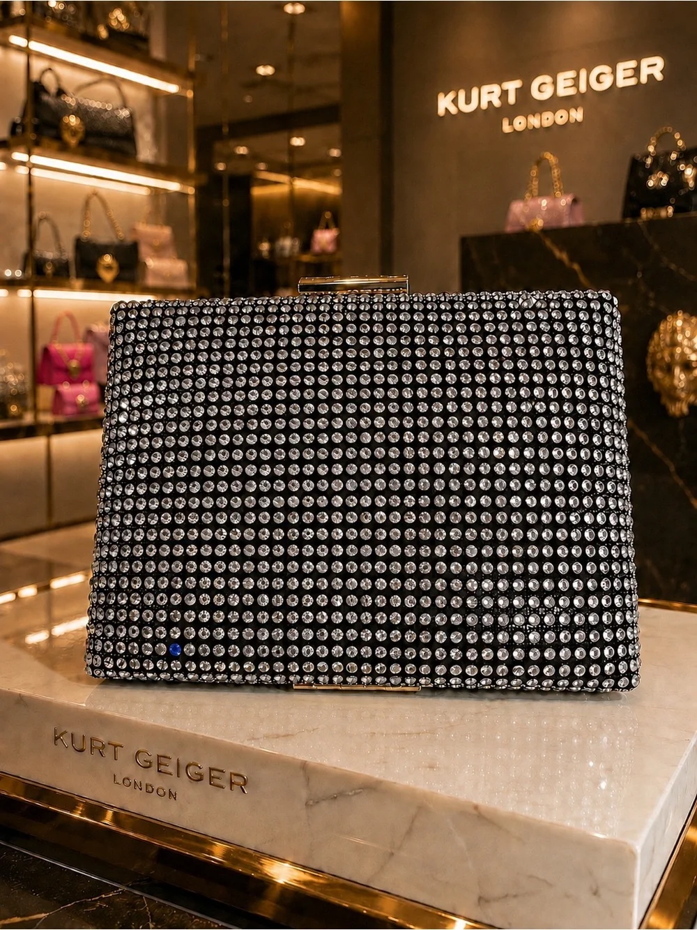 Kurt Geiger Black Crystal-Embellished Rectangle Minaudière Clutch with dust bag